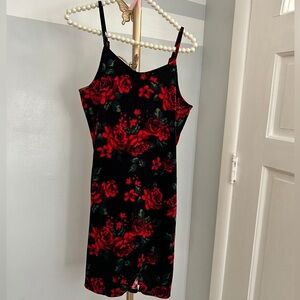Art Class Black Dress with Red Floral Pattern